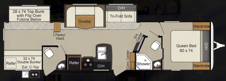 Detailed RV rental floorplan: bunk beds, queen bedroom, dinette, kitchen, and full bath layout.. Keystone RV Passport Grand Touring 2018