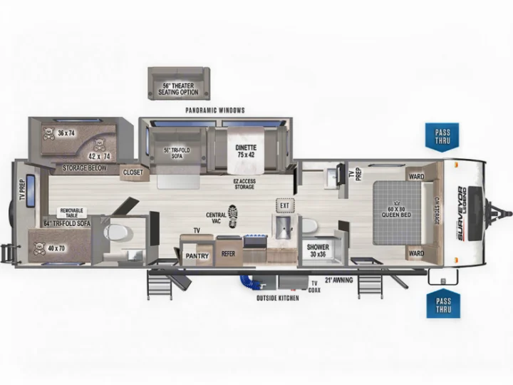 Surveyor Legend RV rental floor plan: A spacious travel trailer with queen bed, bunk beds, kitchen, and living zones for families.. Forest River surveyor Legand 2023
