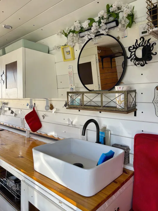 This RV rental kitchen features a white sink, wood counter, and charming decor with butterflies and flowers.. Ram Dodge Promaster 3500 2019