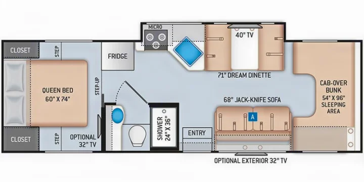 RV rental: Floor plan shows queen bed, kitchen, bath, 71" dinette, 68" sofa, and cab-over bunk for a comfortable stay.. Thor 33.2 2020