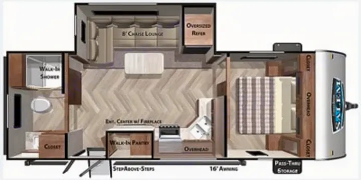 RV rental floor plan: spacious interior layout with lounge, kitchen, bedroom, and bath amenities.. Forest River Salem 2020