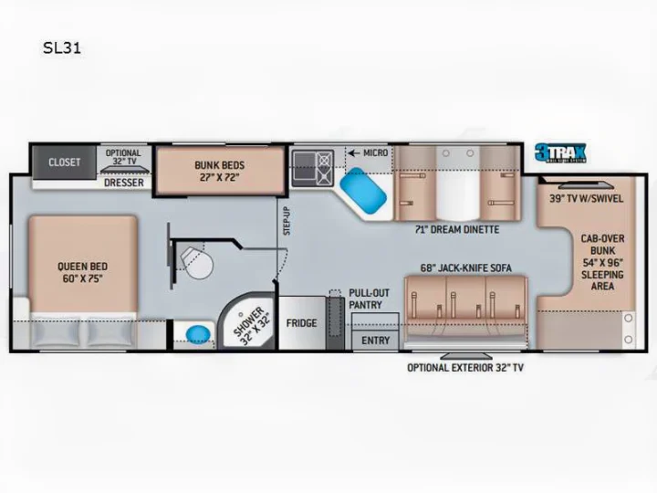 SL31 RV rental floor plan: queen bed, bunks, dinette, cab-over bunk, full bath, and kitchen area. Explore the interior layout.. Thor Quantum SE 2022