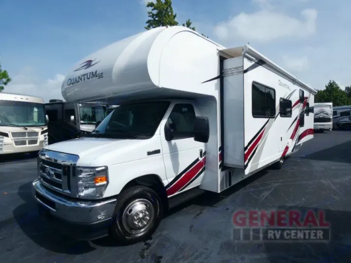 White Quantum SE Class C RV with red/black graphics and extended slide-out, ready for your next rv rental adventure.. Thor Quantum SE 2022