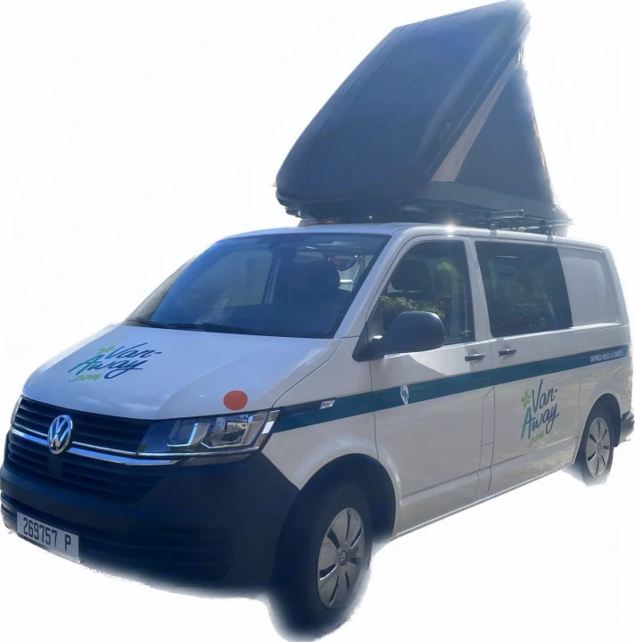 White VW campervan with an open rooftop tent, branded Van-Away.com, ready for your RV rental adventure.. Volkswagen Transporter T6.1 2021