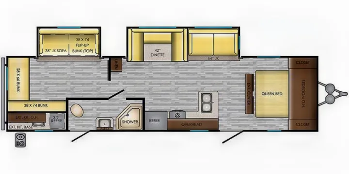 Detailed rv rental floor plan. Features queen bed, bunks, dinette, kitchen, and bathroom for a comfortable travel layout.. Crossroads 328SB 2020