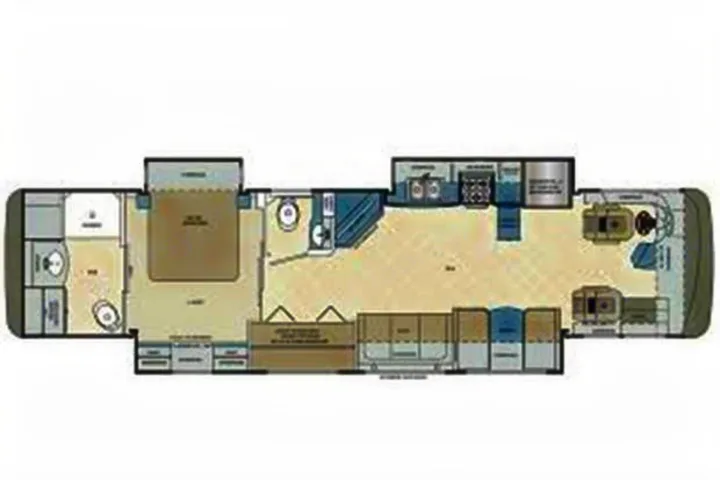 Detailed RV rental floor plan: motorhome interior layout showing bedroom, kitchen, bath, and living areas.. Forest River Berkshire 2016