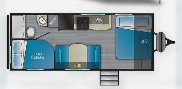 RV rental floor plan: This image shows the interior layout, including double bunk beds, kitchen, bathroom, and main bed.. Heartland RVs Trail Runner 2022
