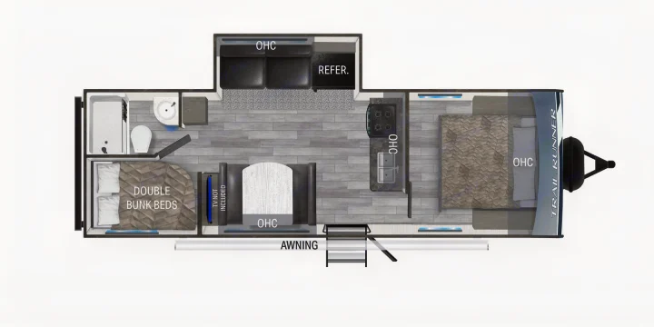 RV rental: Top-down view of a travel trailer floor plan showing bunk beds, master bedroom, kitchen, and bathroom.. Heartland RVs Trail Runner 2023