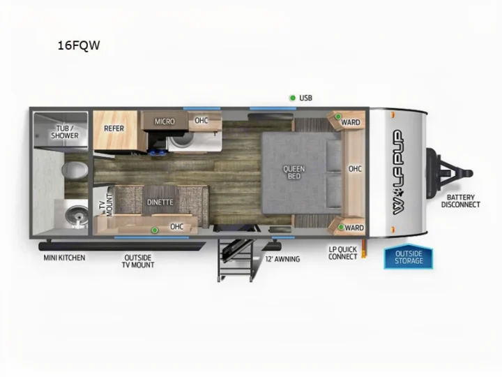 Overhead view of an RV rental floorplan (16FQW), showing a queen bed, dinette, kitchen, and bath with tub/shower.. Forest River Cherokee Wolf Pup 2023