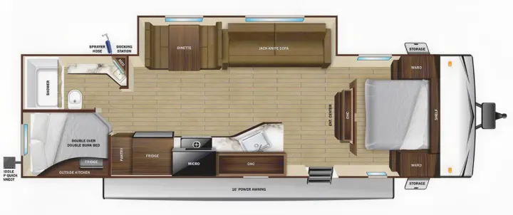 Detailed RV rental floor plan showing a kitchen, dinette, jack-knife sofa, master bedroom, bunk beds, and full bathroom layout.. Highland Ridge RV Open Range 2024