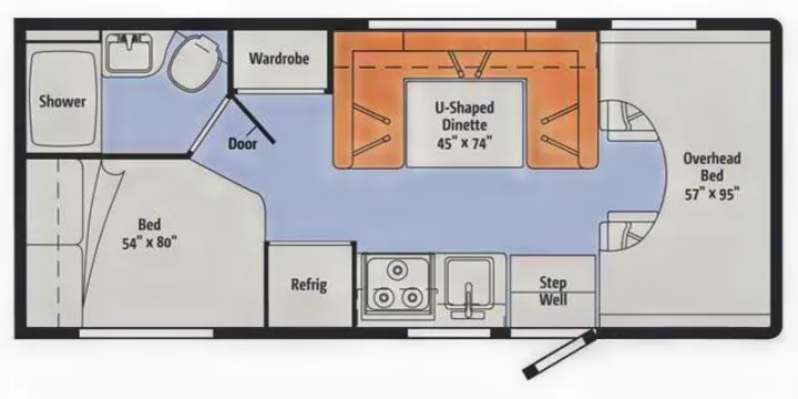 This RV rental floor plan details a camper's interior with two beds, a dinette, kitchen, and a full bathroom.. Winnebago Minnie Winnie 2016