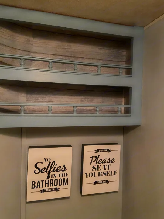 Inside an RV rental bathroom, a stylish blue shelf unit offers storage above humorous 'No Selfies' and 'Please Seat Yourself' signs.. Coachmen Santara 2002