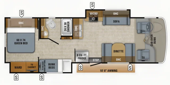 RV rental floor plan detailing a spacious layout with queen bed, bunks, full bath, kitchen, dinette, and cab-over bunk.. Jayco Greyhawk 2019