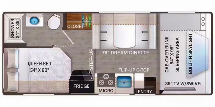 Detailed RV rental floor plan, showcasing sleeping areas (queen bed, bunk), kitchen, dinette, and bathroom layout.. Thor Quantum LC 2024