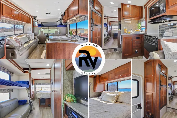 See our RV rental's spacious interior: a collage of the kitchen, living, dining, & sleeping areas for your trip.. Forest River Sunseeker 2018