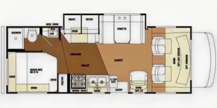 Explore this rv rental floor plan showcasing a spacious interior with queen bed, full kitchen, and living area.. Forest River Sunseeker 2008