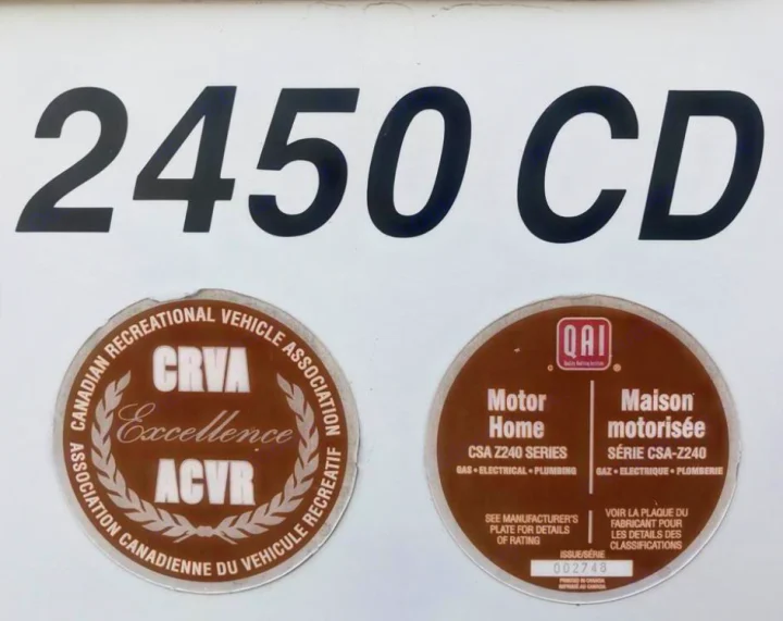 Motorhome/RV certification labels (CRVA, QAI, CSA Z240 Series) and ID '2450 CD' likely for an RV rental.. Forest River Sunseeker 2008