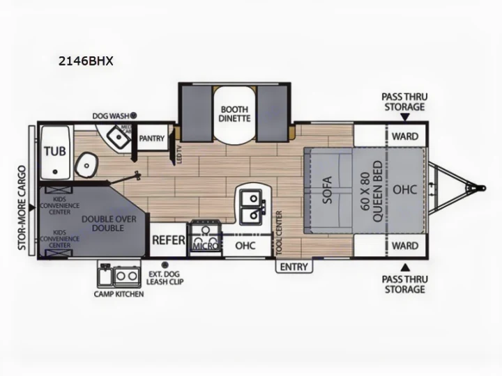 This RV rental floor plan, model 2146BHX, details a queen bed, bunks, kitchen, bath, dinette, and ample storage.. Coachmen 2146BHX 2023