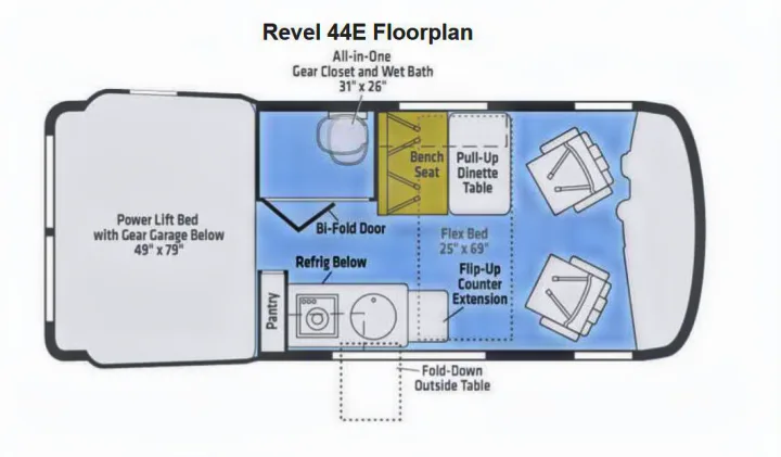 Revel 44E RV floorplan for rv rental: detailed layout of power lift bed, wet bath, kitchen, dinette, and gear garage.. Winnebago Revel 2020
