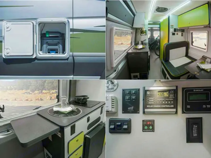 This RV rental features a modern kitchen, exterior toilet access, and advanced solar power controls for comfortable adventures.. Winnebago Revel 2020