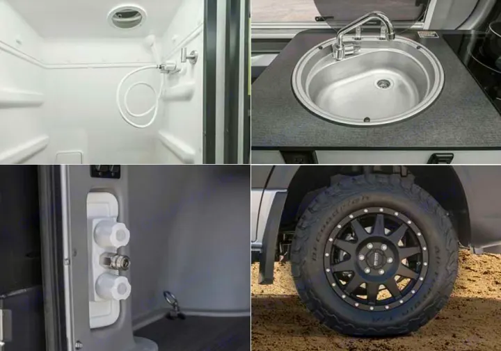 RV rental features: View the compact shower, kitchen sink, external utility hookups, and rugged off-road tires.. Winnebago Revel 2020