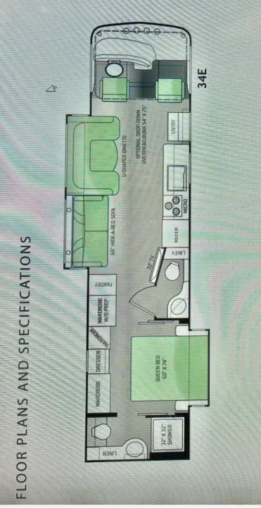RV rental floor plan (34E) detailing interior layout: queen bed, dinette, kitchen, and dual bathrooms.. Thor Hurricane 2014