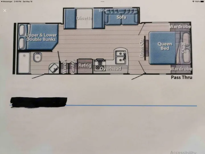 This RV rental floor plan details sleeping areas (bunks, queen bed), living spaces (dinette, sofa), kitchen, and bath.. Gulf Stream Trailmaster 2018