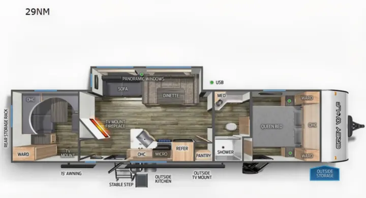 This RV rental floor plan (29NM) details a queen bed, kitchen, bath, and living area with sofa and dinette.. Forest River Cherokee Grey Wolf 2024