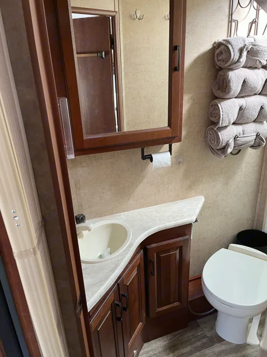 RV rental bathroom features a sink, toilet, and rolled towels on a wall rack.. Forest River Sunseeker MBS 2016