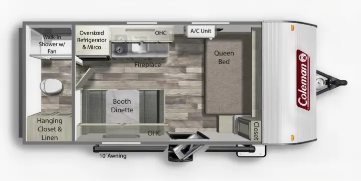 Detailed RV floor plan with queen bed, dinette, kitchen, and walk-in shower, perfect for your next rv rental adventure.. Colemen Dutchmen 17R 2024