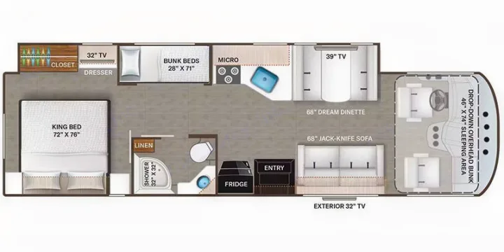 This RV rental floor plan features a king bed, bunk beds, dinette, jack-knife sofa, kitchen, bathroom, and overhead bunk.. Thor Motor Coach A.C.E 2024