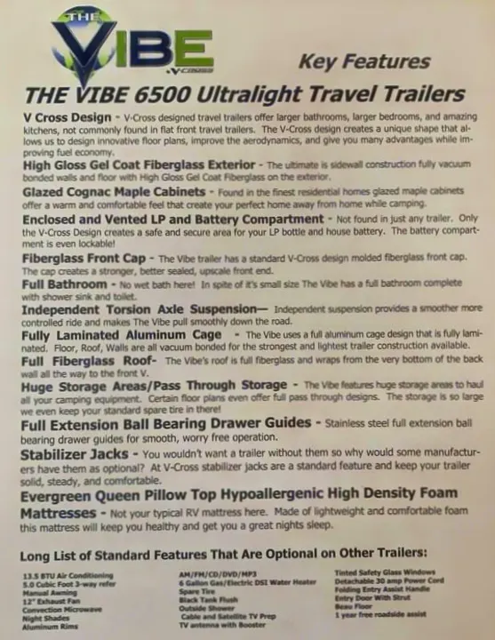 Key features for THE VIBE 6500 Ultralight Travel Trailers are listed on this document, aiding RV rental choices.. Forest River V-Cross Vibe 2012