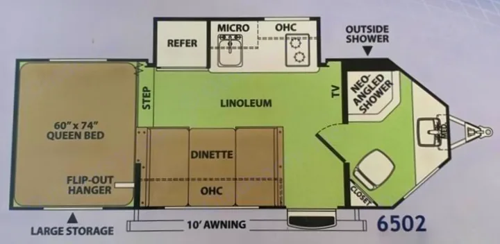 Explore this RV rental floor plan: 60"x74" queen bed, dinette, full kitchen, neo-angled shower, and ample storage. Model 6502.. Forest River V-Cross Vibe 2012