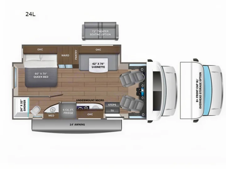 Detailed RV rental floor plan for a 24L motorhome showing queen bed, U-dinette, kitchen, bath, and optional features.. Entegra Coach Qwest 24L 2024