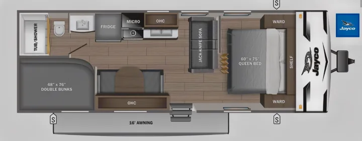 Detailed Jayco RV rental floor plan shows queen bed, double bunks, full kitchen, bath, & 16' awning.. Jayco Jay Flight SLX 2024