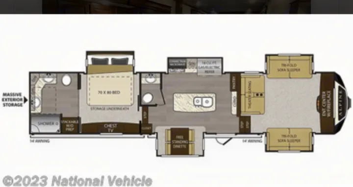 RV rental floor plan: Alpine model detailing interior layout with bedroom, kitchen, bath, living area, & storage.. Keystone RV Alpine 2018