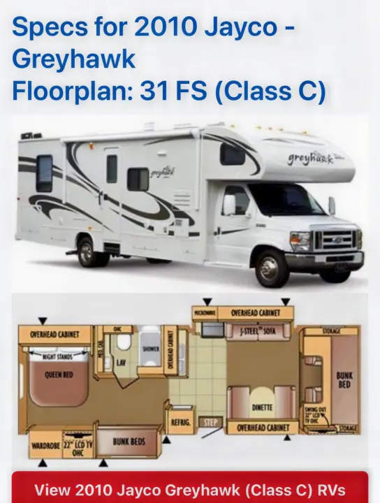 2010 Jayco Greyhawk 31 FS Class C RV rental specs and floorplan with queen bed & bunks, showing interior layout.. Jayco Greyhawk 2010