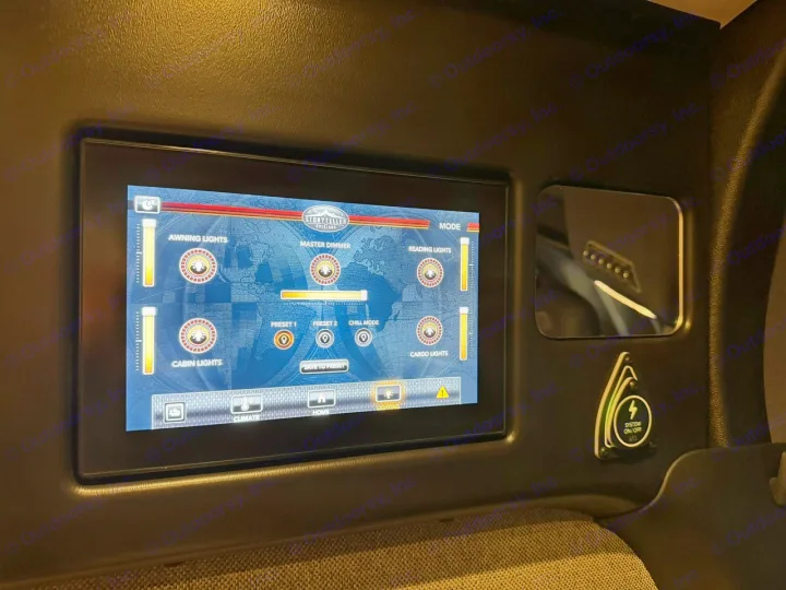 RV rental: Digital panel with lighting controls for various lights. Features dimmer, presets, and System On/Off button.. Storyteller Overland Beast Mode AWD 2024
