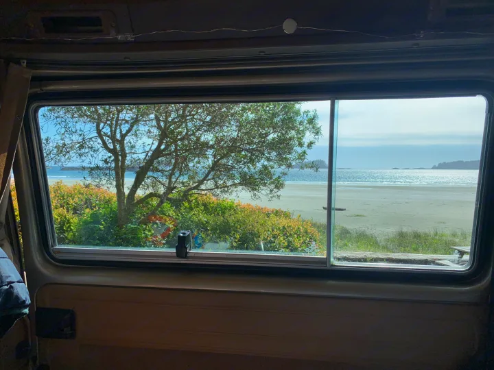 A stunning beach view from an RV rental window, showing the ocean, sandy shore, and a lush tree.. Volkswagen Westfalia 1989