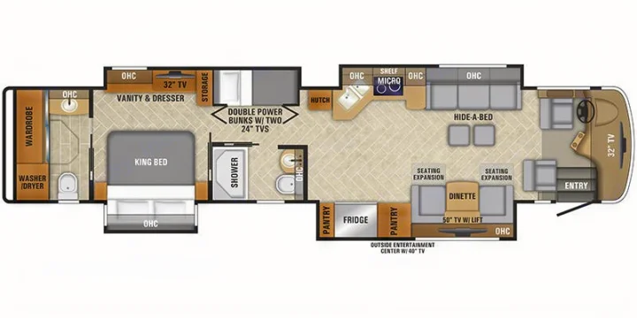 Detailed RV floor plan for an rv rental, showing king bed, double bunks, kitchen, and living area with dinette & hide-a-bed.. Entegra Coach Aspire 2019