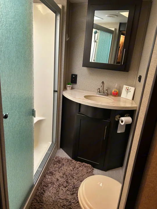 Compact RV rental bathroom with shower, vanity, sink, and toilet, featuring a textured glass shower door and gray bath mat.. Raptor Raptor 2017