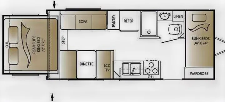 Detailed RV rental floor plan showing a king bed slide-out, bunk beds, full kitchen, dinette, and bath.. Keystone RV Outback 2010