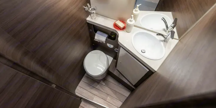 Compact, modern RV rental bathroom with white toilet, twin sinks, dark wood walls, and light plank floor.. MCLOUIS YEARLING 89 2024