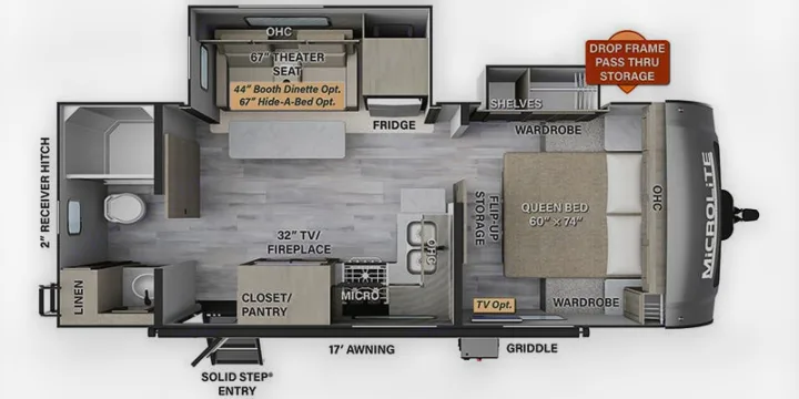 RV rental floor plan: See inside this Microlite travel trailer with a queen bed, kitchen, bath, and living area.. Forest River Flagstaff Micro Lite 2023