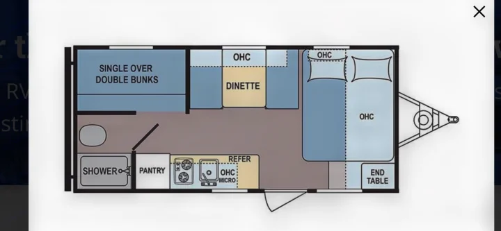This RV rental floor plan details a travel trailer layout with bunks, dinette, kitchen, shower, and a main bed area.. Coleman 17FQ 2019