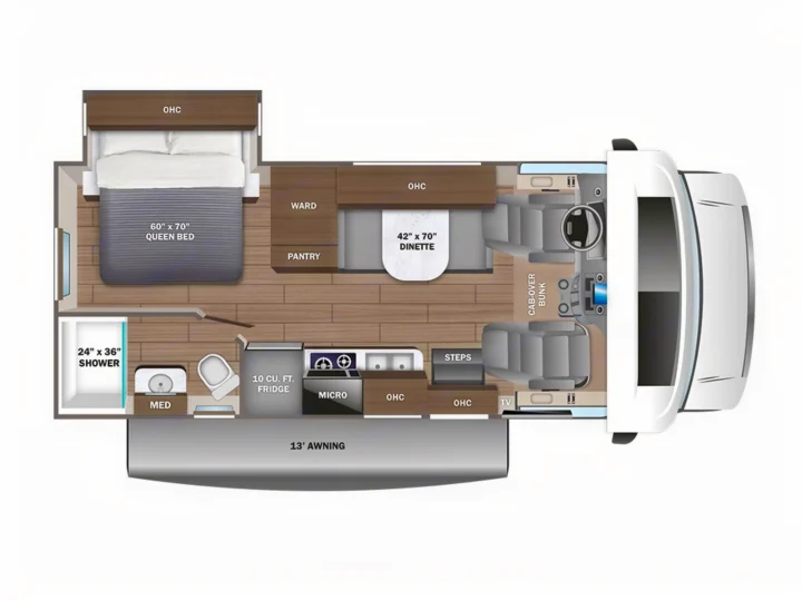 This RV rental motorhome floor plan showcases a queen bed, dinette, kitchen with fridge/micro, shower, and cab-over bunk layout.. Entegra Coach Odyssey SE 22C 2024