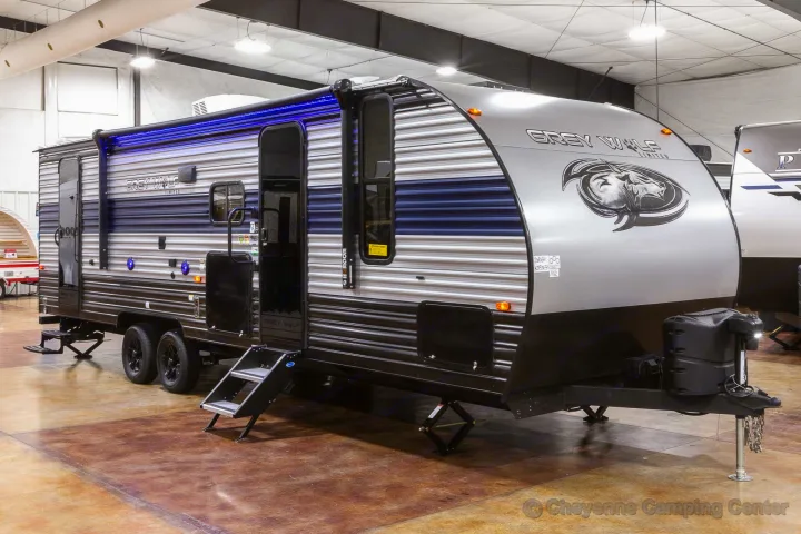 Explore this sleek silver & blue Grey Wolf travel trailer. Perfect for your next RV rental adventure or family camping trip.. Forest River Cherokee Grey Wolf Special Edition 2022