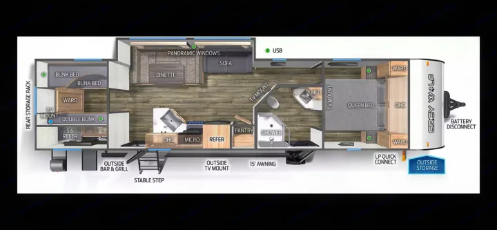 RV rental: Detailed Grey Wolf RV floor plan illustrating bunk beds, queen bed, kitchen, bath, and outdoor features.. Forest River Cherokee Grey Wolf 2021