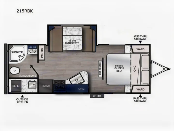 This 215RBK RV rental floor plan offers a visual guide to the interior layout with a queen bed, U-dinette, kitchen, and bath.. Coachmen Apex 2013