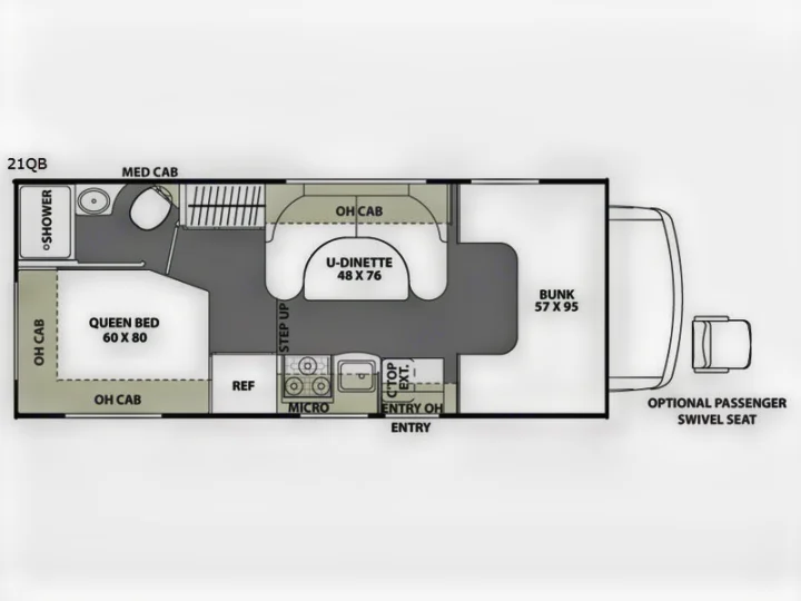 RV rental 21QB floor plan: Queen bed, bunk, U-dinette, kitchen, and bathroom layout. Perfect for your next adventure!. Forest River Coachmen Freelander 2018